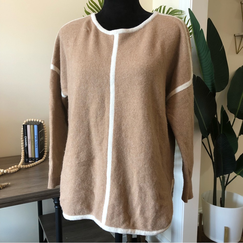 J. Crew 100% Wool Soft Tan Crew Neck Sweater with White Trim